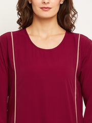 Maroon and Beige A-Line Abaya for Women with Black Georgette Hijab