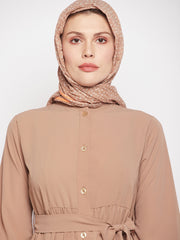 Frilled Beige Abaya/Burqa For Women With Belt and Black Hijab