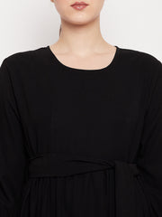 Women Black Frilled Abaya Burqa With Belt and Black Hijab