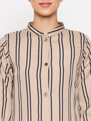 Beige Stripe Front Open Abaya for Women with Black Georgette Scarf