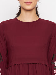 Maroon Chikan Embroidery Work Abaya for Women with Black Georgette Scarf