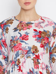 White Floral Printed Abaya Dress for Women with Black Georgette Scarf