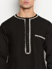 Black Solid Embroidery Details Mens Kurta