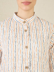 Striped Printed Front Open Abaya with Black Hijab