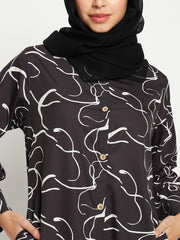 Printed Front Open Abaya with Black Georgette Scarf