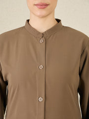 Front Open Khaki(Oat) Solid Co-Ord Set for Women