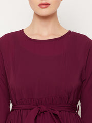 Women Maroon Frilled Abaya/Burqa With Belt and Black Hijab