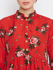 Red Floral Printed Abaya with Black Georgette Hijab