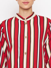 Red Stripe Front Open Abaya for Women with Black Georgette Scarf