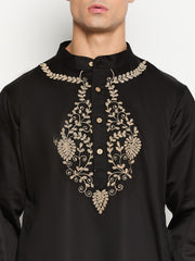 Mens Solid Embroidery Straight Sleeves Black Kurta