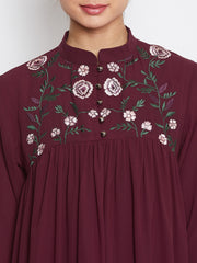 Maroon Chikan Hand Embroidery Work Abaya for Women with Black Georgette Scarf