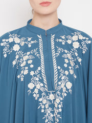 Sky Blue Chikan Hand Embroidered Irani Kaftan Abaya with Black Georgette Hijab