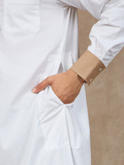 White Cotton Thobe for Men with Beige Piping
