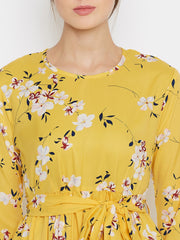 Yellow Floral Printed Abaya Dress for Women with Black Georgette Scarf