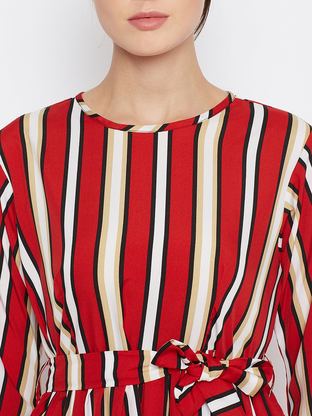 Red Printed Crepe Frill Abaya Dress for Women with Black Georgette Scarf-Neck