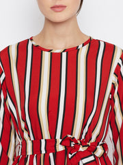 Red Printed Crepe Frill Abaya Dress for Women with Black Georgette Scarf-Neck