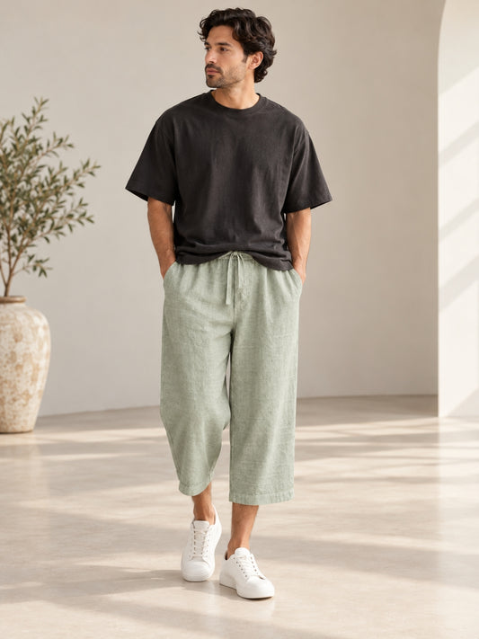 Sage Green Loose Linen Shorts for Men – Cropped Casual Wear trousers