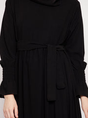 Women Black Frilled Abaya Burqa With Belt and Black Hijab