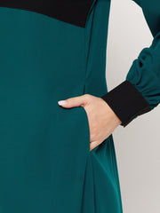 Women Green Front Open Abaya with Black Georgette Hijab