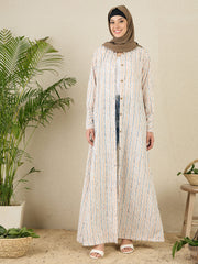 Striped Printed Front Open Abaya with Black Hijab