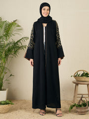 Front Open Black Embroidered Abaya with Black Scarf