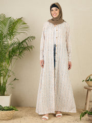 Striped Printed Front Open Abaya with Black Hijab