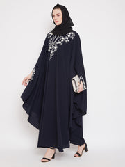 Blue Chikan Hand Embroidered Irani Kaftan Abaya with Black Georgette Hijab
