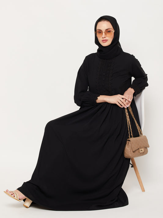 Black Lace Work Abaya for Women with Black Georgette Scarf