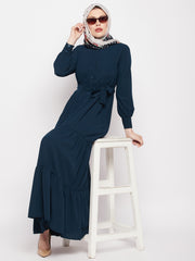 Frilled Teal Abaya/Burqa For Women With Belt and Black Hijab