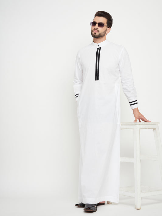 White Arab Thobe / Jubba for Men with Piping Design