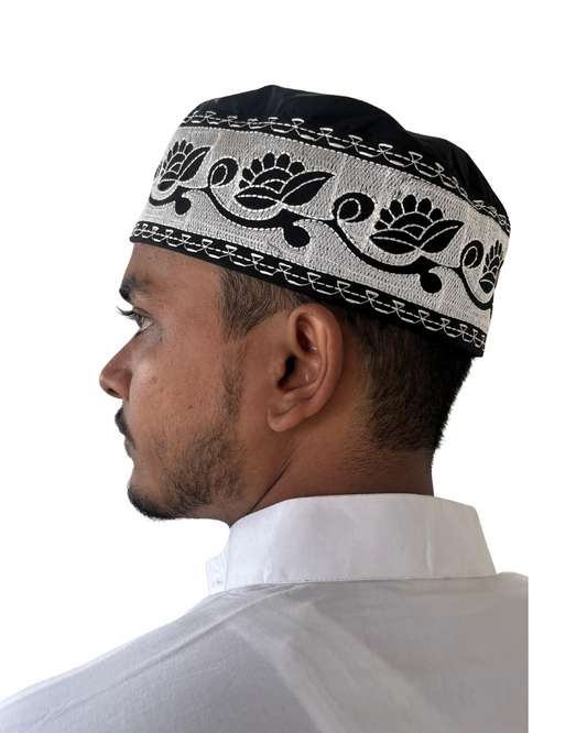 Men's Black Cotton Embroidered Prayer Kufi Cap