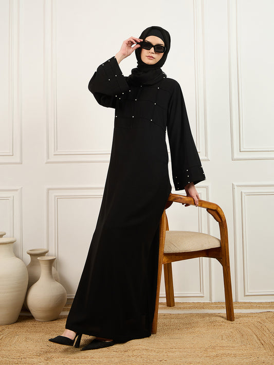 Pearl design Black Abaya/Burqa with Matching Georgette Hijab