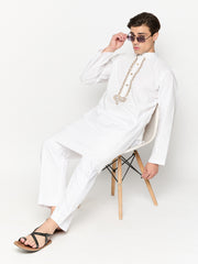 Embroidery Details Solid White Men's Kurta Pajama Set
