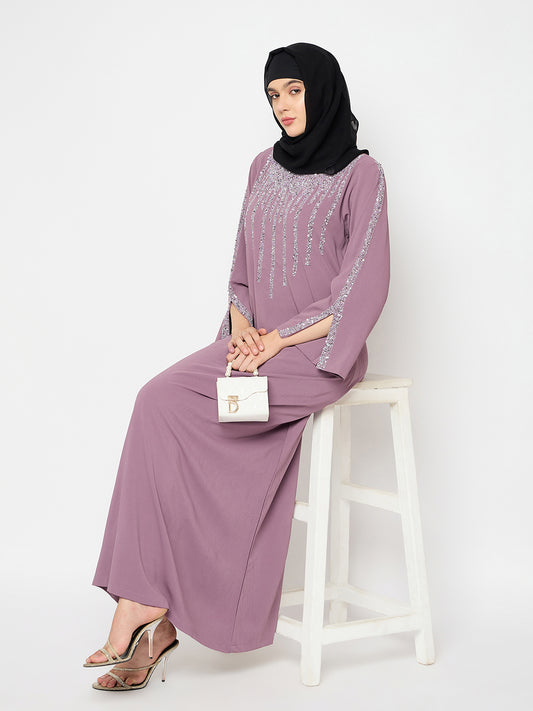 Pink Handwork Abaya with Black Hijab for Women