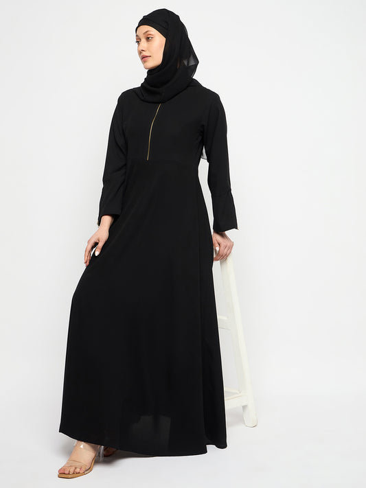 Zip Closure Black Abaya for Women with Black Georgette Scarf