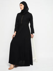 Zip Closure Black Abaya for Women with Black Georgette Scarf