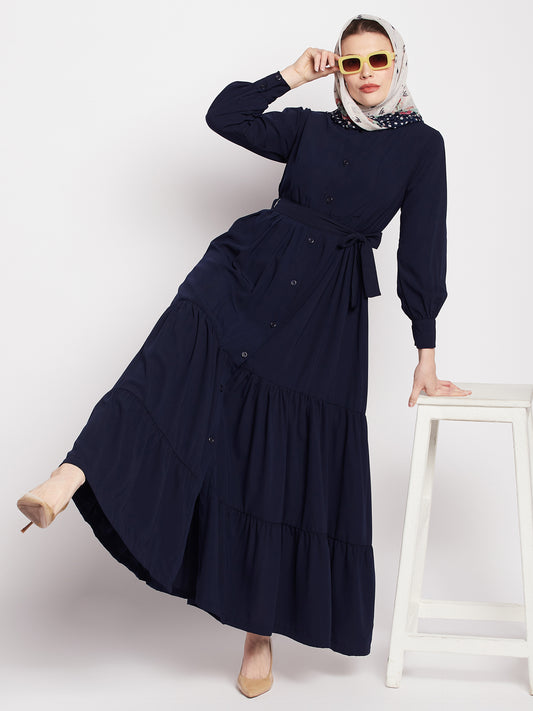 Frilled Blue Abaya/Burqa For Women With Belt and Black Hijab