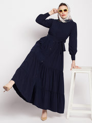 Frilled Blue Abaya/Burqa For Women With Belt and Black Hijab