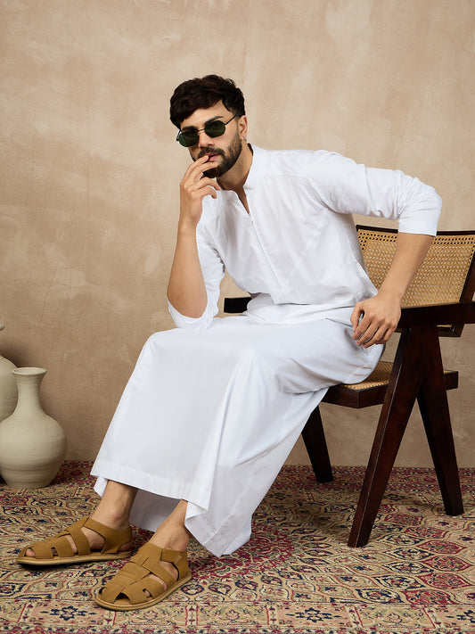 White Cotton Mandarin Collar Arabic Thobe for Men
