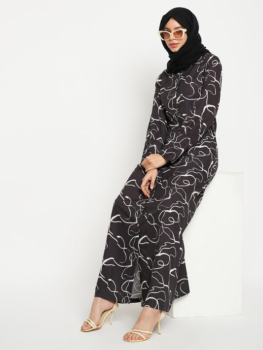 Black and White Printed Front Open Abaya for Women with Black Georgette Scarf