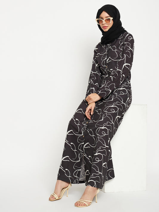 Clearance Sale: Printed Front Open Abaya with Black Georgette Scarf