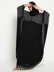 Polka Dot Printed Women Kaftan Abaya with Black Georgette Scarf