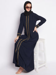 Blue A-Line Embroidery Design Abaya with Black Georgette Hijab