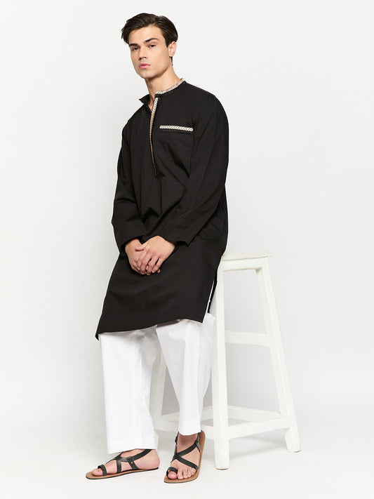 Embroidery Details Mens Solid Black Kurta