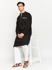 Embroidery Details Mens Solid Black Kurta