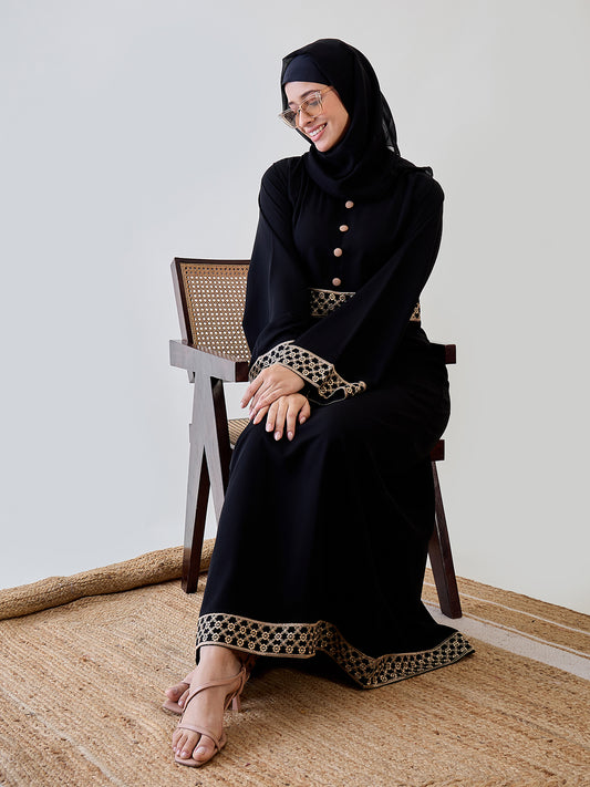 Embroidery Black Abaya/Burqa with Matching Black Georgette Hijab