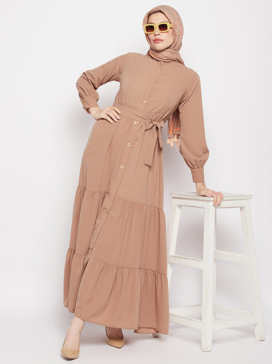 Frilled Beige Abaya/Burqa For Women With Belt and Black Hijab