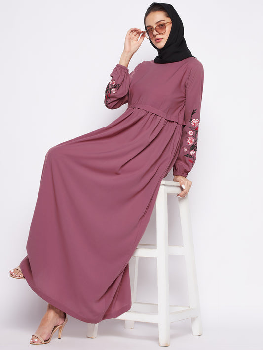 Puce Pink Embroidery Work Abaya for Women with Black Georgette Scarf