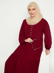 Women Frilled Maroon Abaya/Burqa With Black Hijab