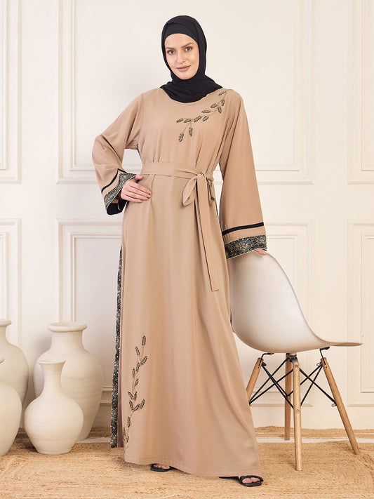 Beige Handwork Abaya with Black Georgette Hijab